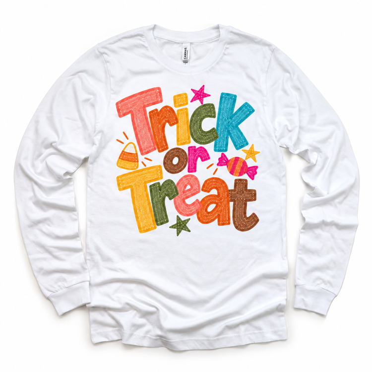 Trick or Treat colorful Halloween design on a white long sleeve tee
