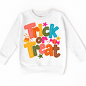 Trick or Treat colorful Halloween design on a white sweatshirt