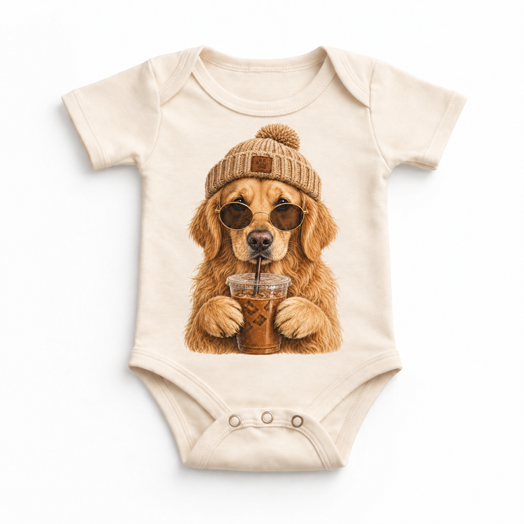 Golden Retriever iced coffee design on Natural Baby Bodysuit