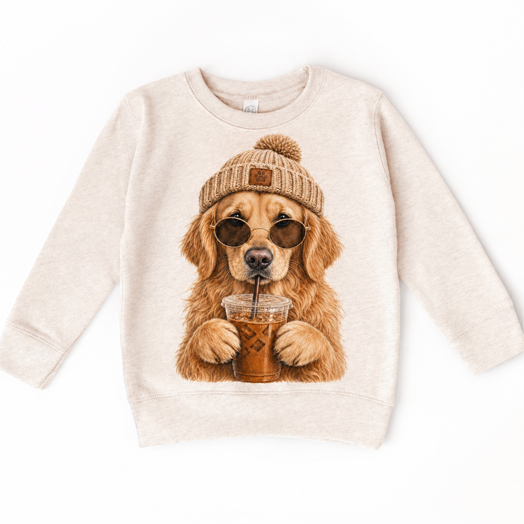 Golden Retriever iced coffee design on Natural Heather Sweatshirt