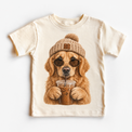 Golden Retriever iced coffee design on Natural Short Sleeve Tee