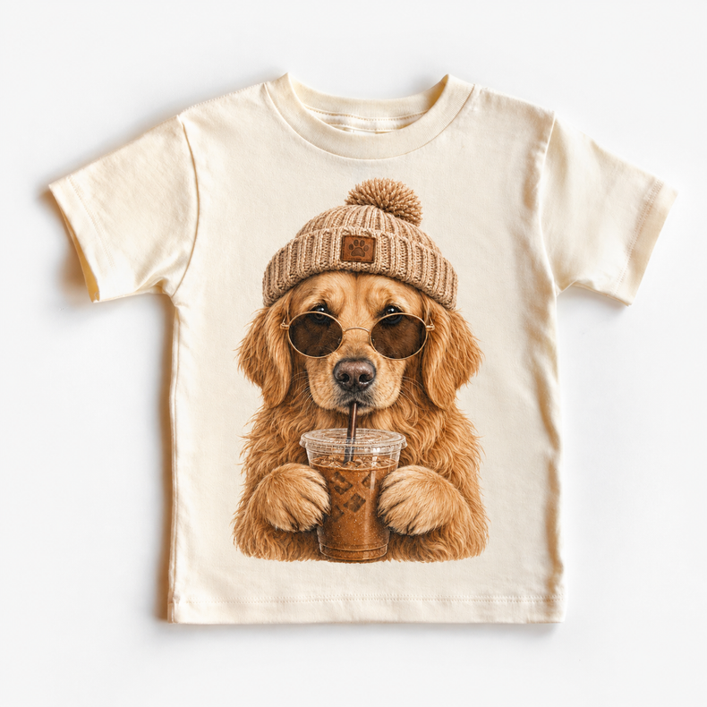 Golden Retriever iced coffee design on Natural Short Sleeve Tee