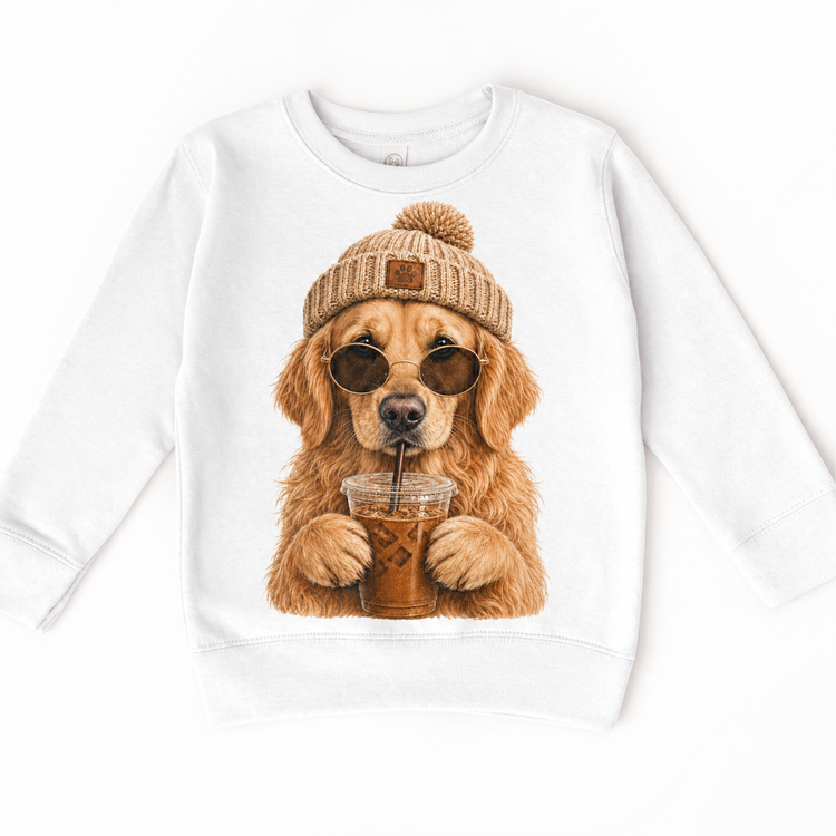 Golden Retriever iced coffee design on White Sweatshirt