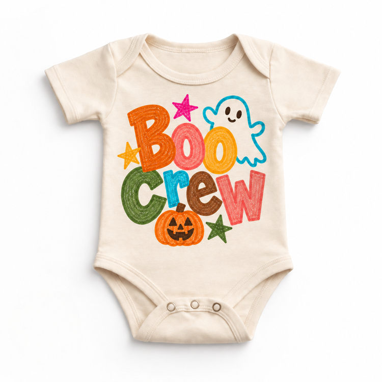 Boo Crew colorful Halloween ghost design on a natural bodysuit