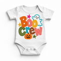 Boo Crew colorful Halloween ghost design on a white bodysuit