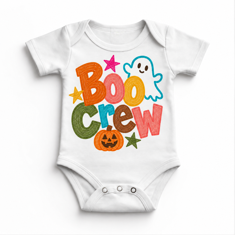 Boo Crew colorful Halloween ghost design on a white bodysuit