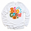 Boo Crew colorful Halloween ghost design on a white long sleeve tee