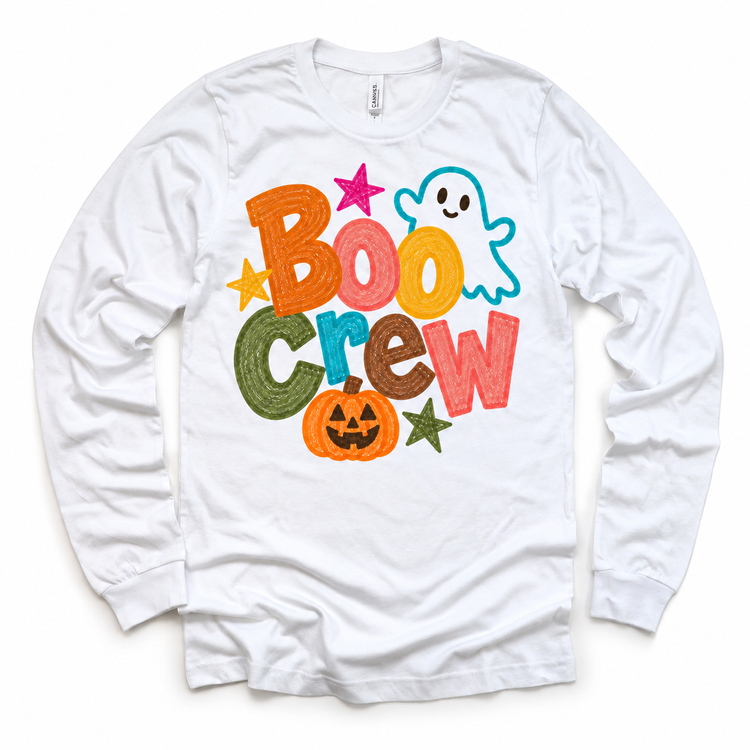Boo Crew colorful Halloween ghost design on a white long sleeve tee
