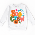 Boo Crew colorful Halloween ghost design on a white sweatshirt