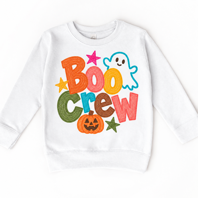 Boo Crew colorful Halloween ghost design on a white sweatshirt