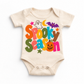 Spooky Season colorful Halloween ghost and bat design on a natural bodysuit