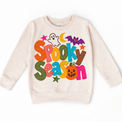 Spooky Season colorful Halloween ghost and bat design on a natural sweatshirt