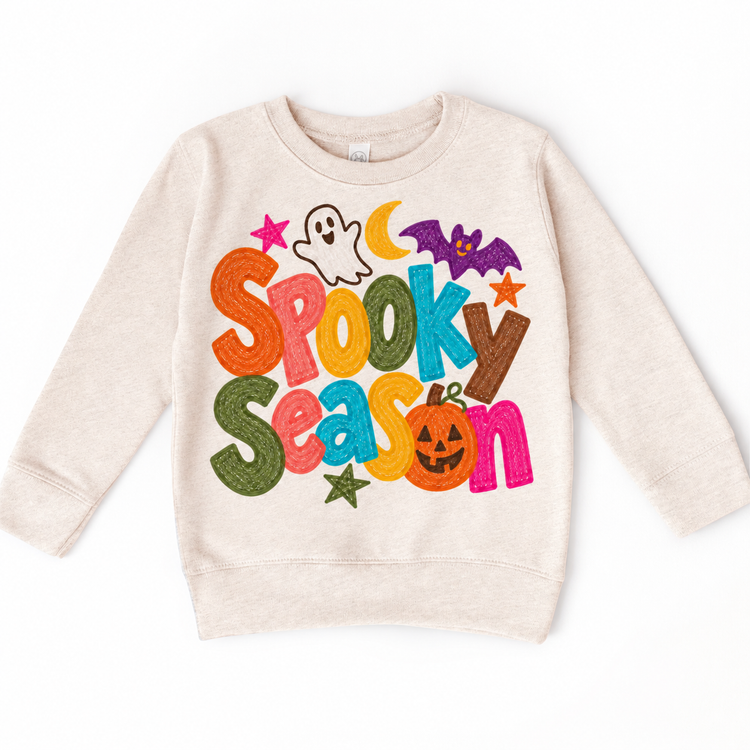 Spooky Season colorful Halloween ghost and bat design on a natural sweatshirt