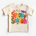 Spooky Season colorful Halloween ghost and bat design on a natural tee