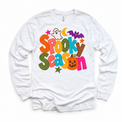Spooky Season colorful Halloween ghost and bat design on a white long sleeve tee