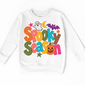 Spooky Season colorful Halloween ghost and bat design on a white sweatshirt