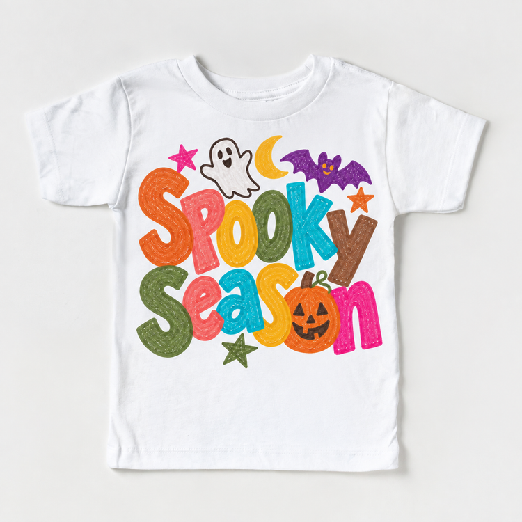 Spooky Season colorful Halloween ghost and bat design on a white tee