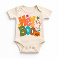 Hey Boo colorful Halloween ghost design on a natural bodysuit