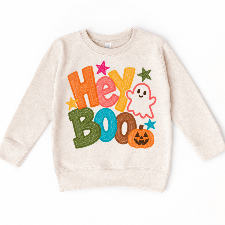 Hey Boo colorful Halloween ghost design on a natural sweatshirt