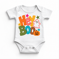 Hey Boo colorful Halloween ghost design on a white bodysuit