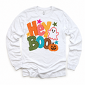 Hey Boo colorful Halloween ghost design on a white long sleeve tee