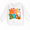 Hey Boo colorful Halloween ghost design on a white sweatshirt