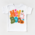 Hey Boo colorful Halloween ghost design on a white tee