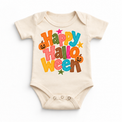 Happy Halloween colorful pumpkin design on a natural bodysuit