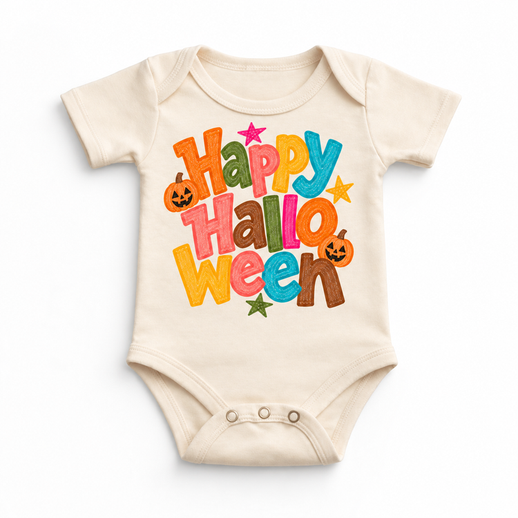 Happy Halloween colorful pumpkin design on a natural bodysuit