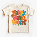 Happy Halloween colorful pumpkin design on a natural tee