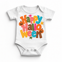 Happy Halloween colorful pumpkin design on a white bodysuit