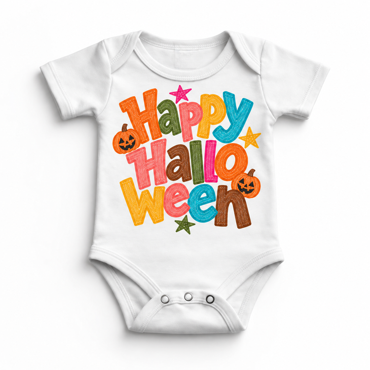 Happy Halloween colorful pumpkin design on a white bodysuit