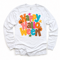Happy Halloween colorful pumpkin design on a white long sleeve tee