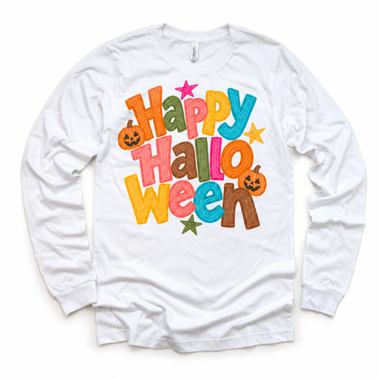 Happy Halloween colorful pumpkin design on a white long sleeve tee