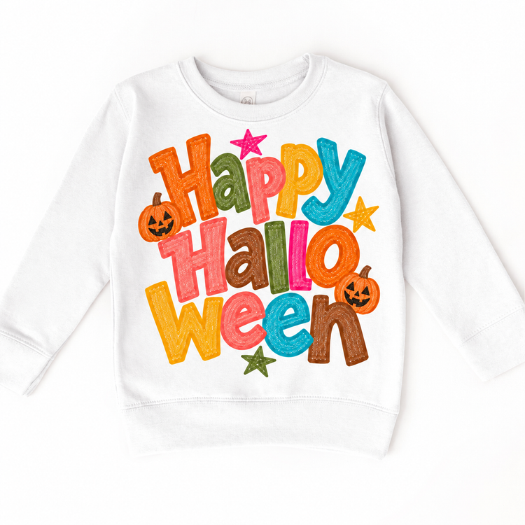 Happy Halloween colorful pumpkin design on a white sweatshirt