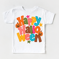 Happy Halloween colorful pumpkin design on a white tee