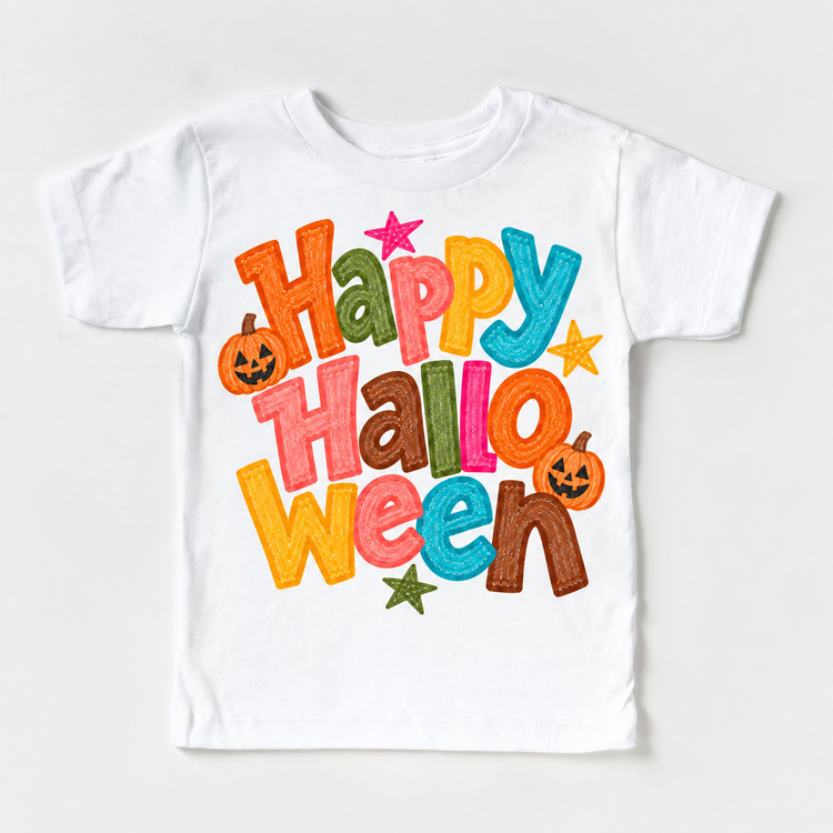 Happy Halloween colorful pumpkin design on a white tee