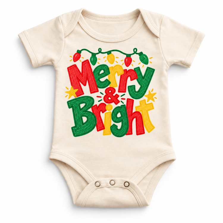 Merry and Bright Christmas design on a natural bodysuit