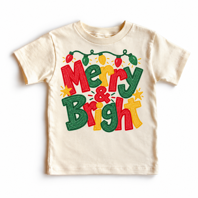 Merry and Bright Christmas design on a natural tee