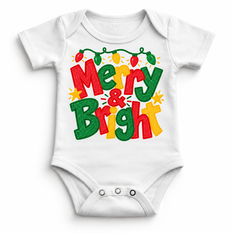 Merry and Bright Christmas design on a white bodysuit