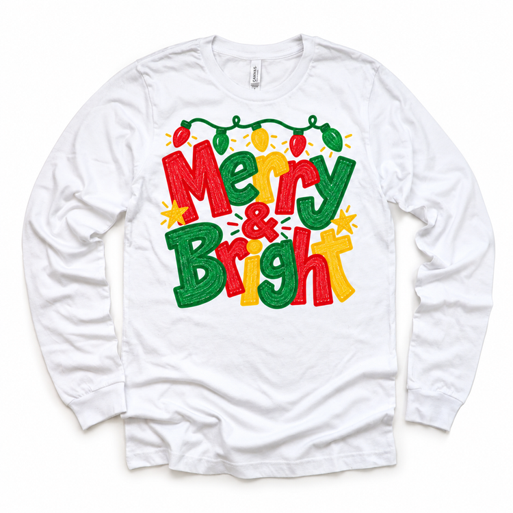 Merry and Bright Christmas design on a white long sleeve tee