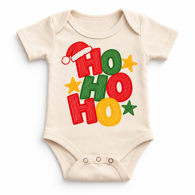 Ho Ho Ho Christmas design on a natural bodysuit
