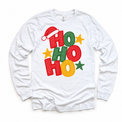 Ho Ho Ho Christmas design on a white long sleeve tee