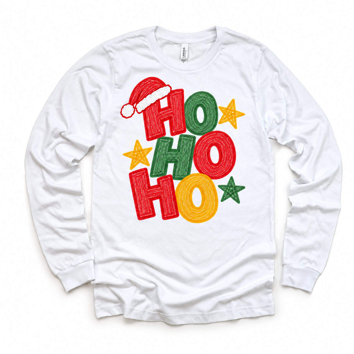 Ho Ho Ho Christmas design on a white long sleeve tee