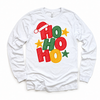 Ho Ho Ho Christmas design on a white long sleeve tee