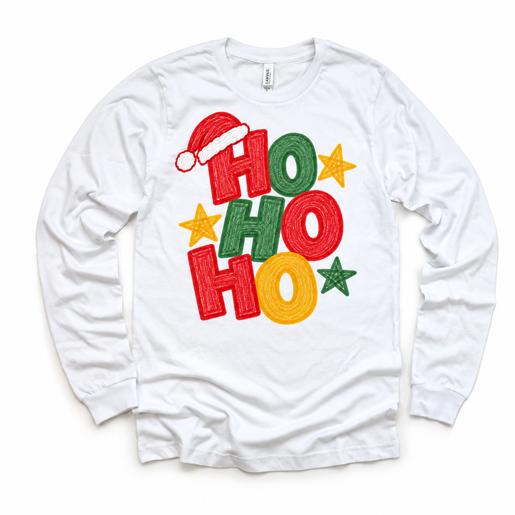 Ho Ho Ho Christmas design on a white long sleeve tee