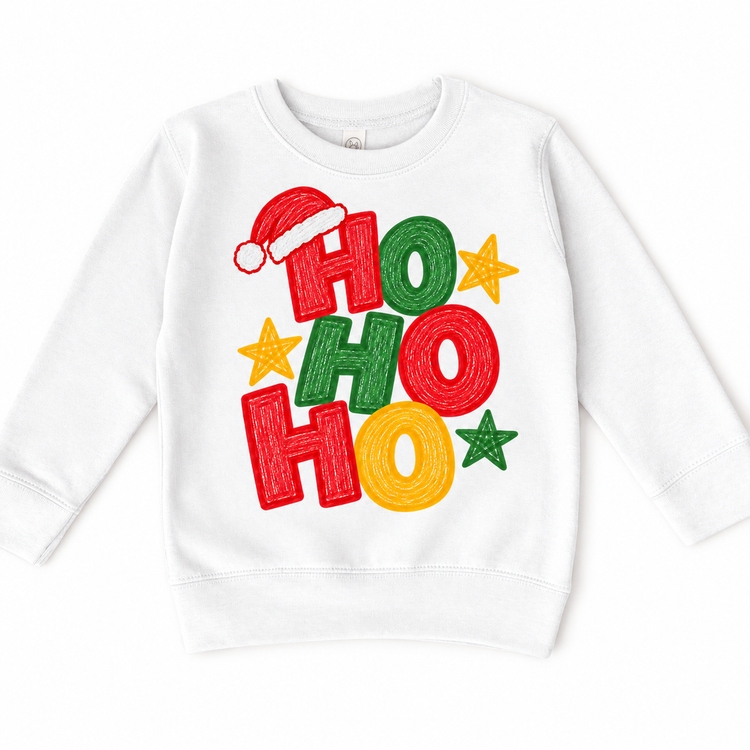 Ho Ho Ho Christmas design on a white sweatshirt