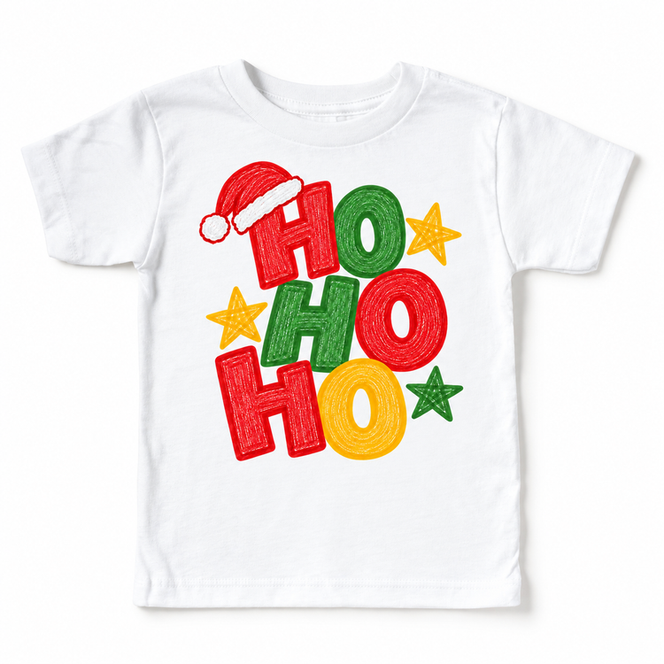Ho Ho Ho Christmas design on a white tee