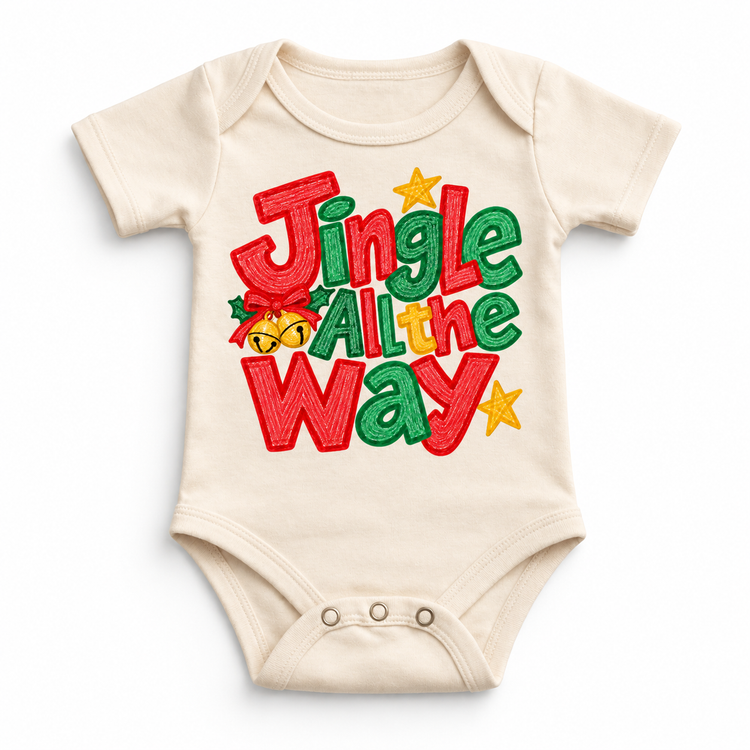 Jingle All the Way Christmas design on a natural bodysuit