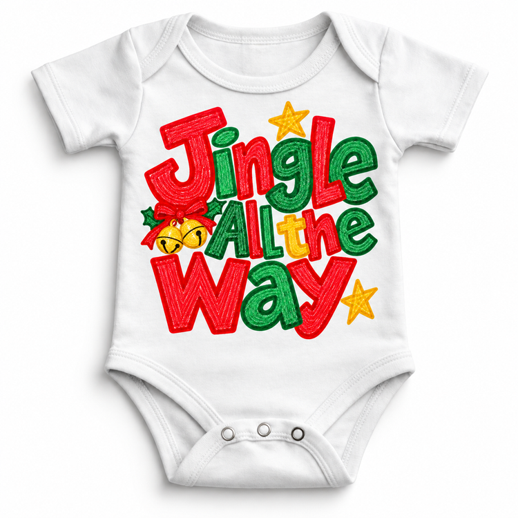 Jingle All the Way Christmas design on a white bodysuit